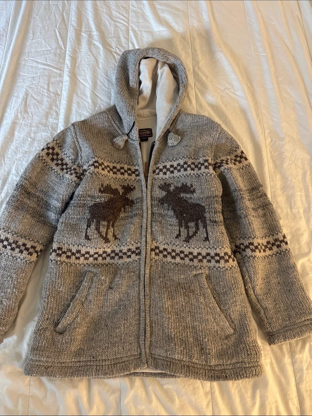 Kyber Outerwear 100% Wool Gray Zip Hoodie Sweater with Brown Moose Pattern